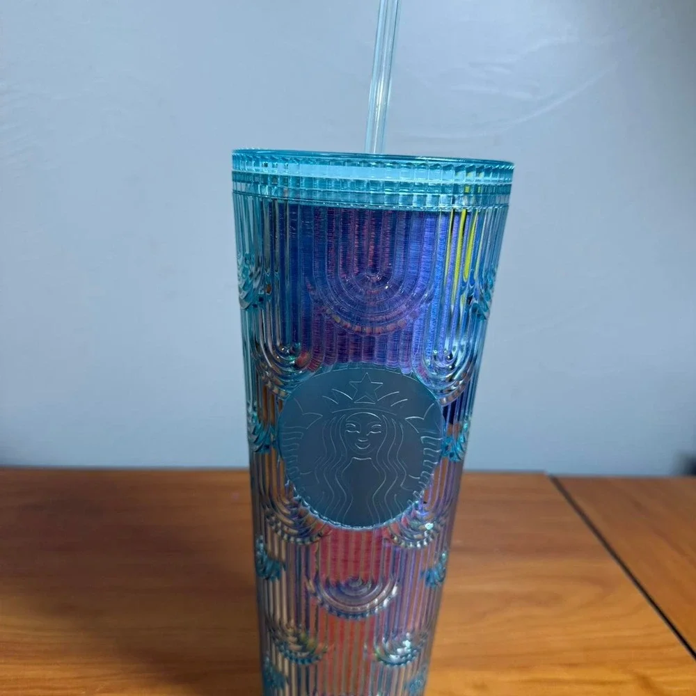 Starbucks Iridescent Blue and purple tumbler Rainbiw with straw